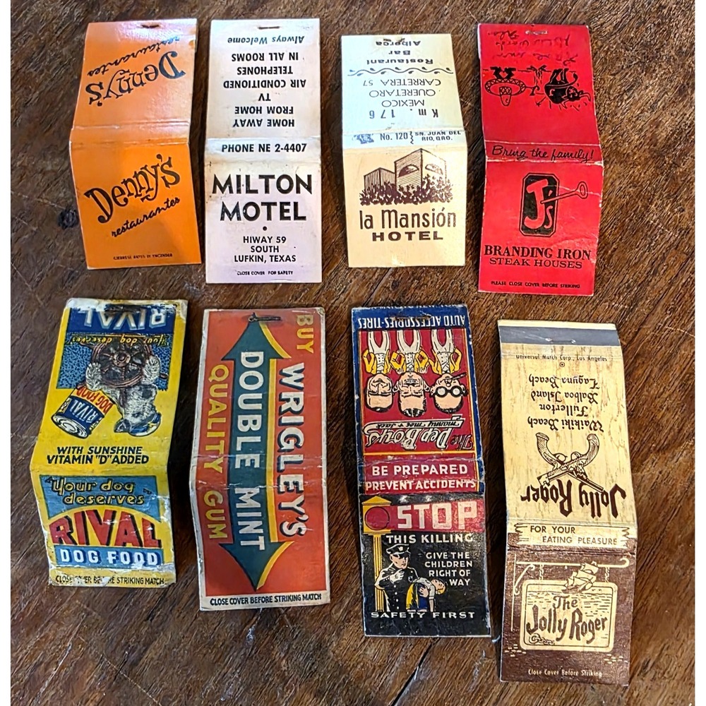 Vintage Matchbook Covers Lot of 8 Front Striker Empty Ephemera Pep Boys Wrigley